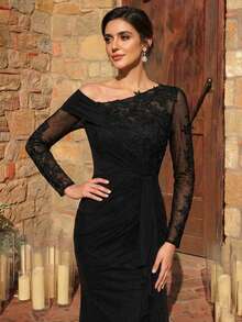 Serin 优雅奢华黑色刺绣亮片钻石蕾丝贴花透视袖拼接弹力针织褶皱荷叶边鱼尾连衣裙，适合婚礼、派对、度假、舞会、新娘母亲晚礼服、情人节等场合。 - 黑色 - 查看 2