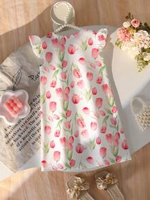 Elladie kids 女婴短袖A字连衣裙，优雅公主风，郁金香印花设计，适合春夏各种场合、派对、聚会等。 - 彩色 - 查看 4