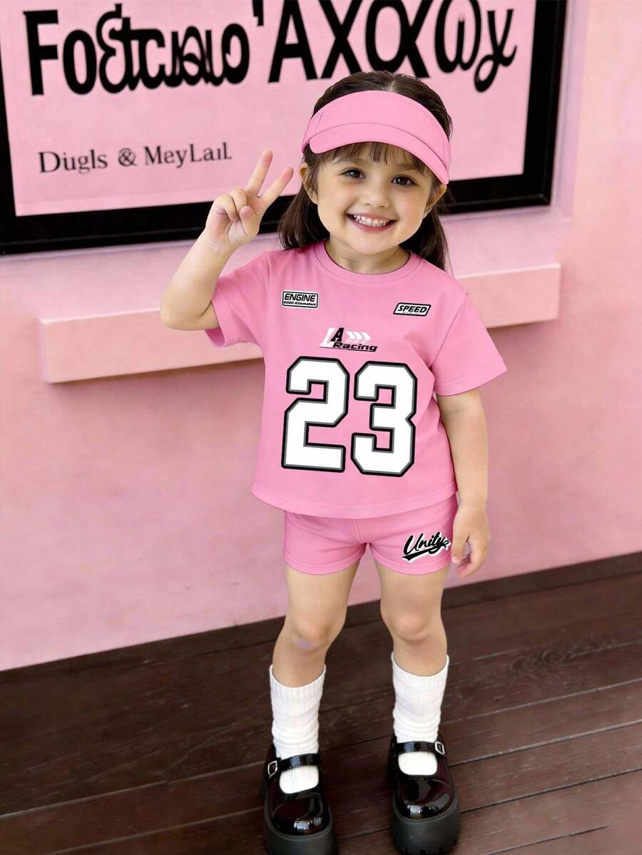 2pcs Baby Girl Casual Minimalist Numeric 23 Print Short Sleeve T-Shirt And Shorts Set, Loose Neck Tee And Fitted Shorts, Suitable For Spring/Summer - Multicolor - View 1
