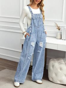EMERY ROSE 大码女式破洞口袋阔腿宽松休闲牛仔连体裤 - 淺色水洗藍 - 查看 6