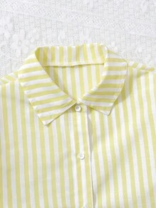 SHEIN 两件套大童春秋季条纹长袖衬衫搭配宽松浅蓝色牛仔裤，甜美休闲日常穿搭 - 芥末黃 - 查看 5