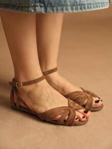 Rosivie 夏季新款女士棕色绒面编织绑带凉鞋，绑带包覆式露趾高跟罗马鞋，时尚通勤宴会鞋 - 卡其色 - 查看 3