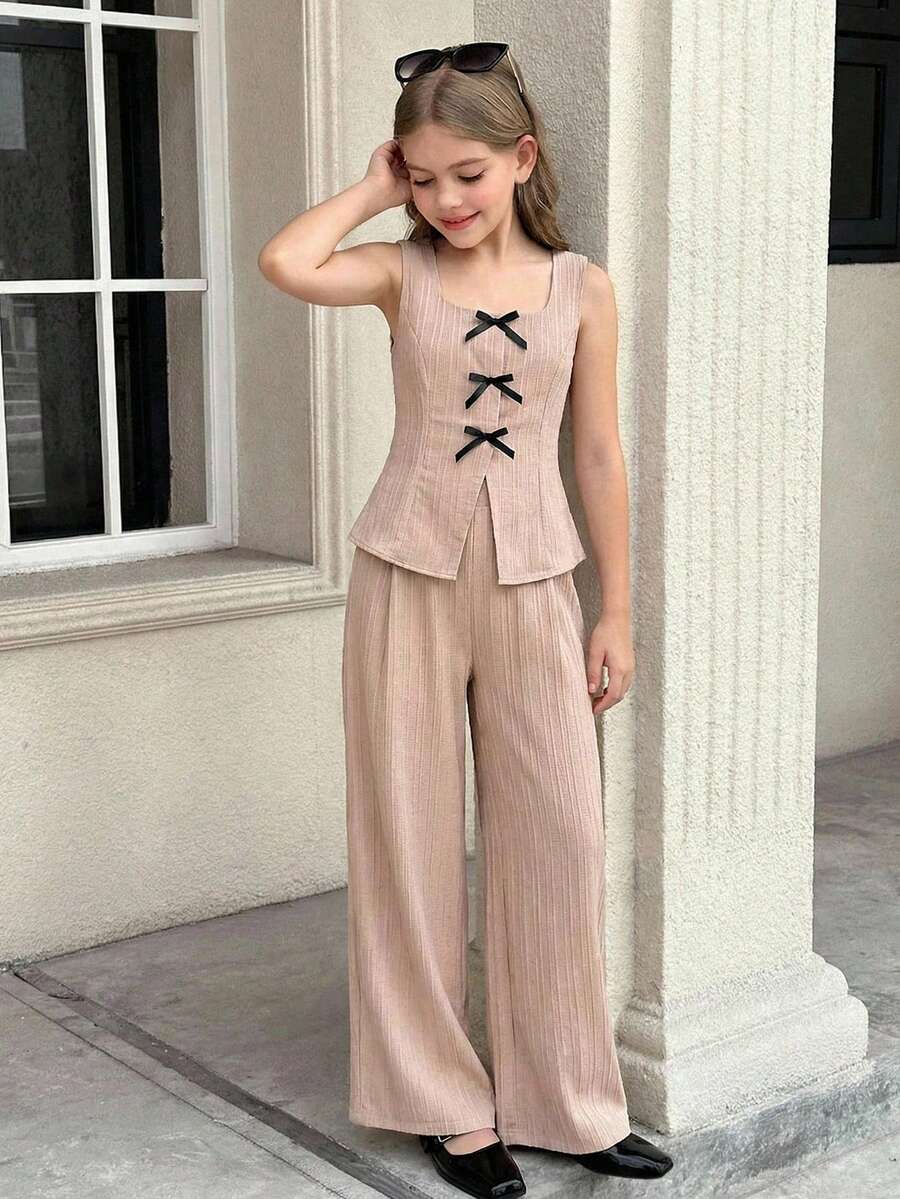 SHEIN 少女春夏休闲优雅通勤U领纽扣前襟撞色蝴蝶结装饰背心及配套长裤两件套，卡其色 - 卡其色 - 查看 1