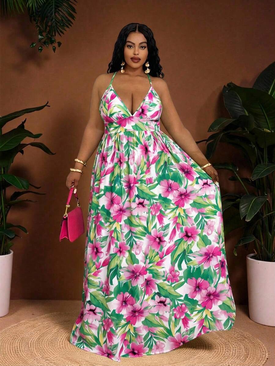 Veslaya 新款春夏日常休闲度假海滩旅行热带花卉修身A字无袖大码女装连衣裙 - 彩色 - 查看 1