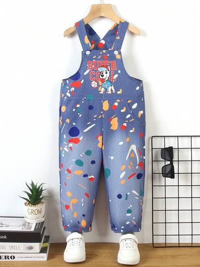 Young BoyCute Puppy Pattern Bib Pants, Soft & Comfortable Fabric, Suitable For Daily Wear, School, Outing, And Holiday Occasions