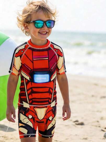 SHEIN 2 Piece Young Boys Boys Casual Sports Swimsuit With Robot Pattern Leggings Kids Outfits Young Boy Clothes Back To School Boys Set Suitable For Outdoor Swimming Kids Bathing Suits Suitable For Spring, Summer