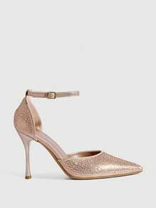 CUCCOO SZL 女士时尚尖头香槟色全钻踝带镂空高跟鞋，性感宴会派对女士高跟鞋 - 香檳色 - 查看 2