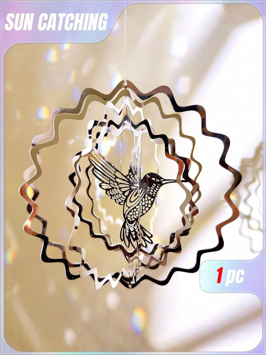 1pc 3d Hummingbird Shape Sun Catcher For Outdoor Garden Decoration, Metal Stainless Steel Wind Spinner Wind Chime Hanging Ornament - Silver - View 1