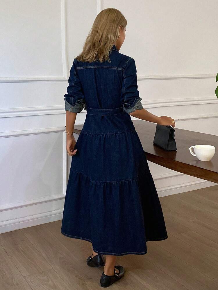 Classic Casual Denim Dress With Collar And Belt For Women Maxi Dress