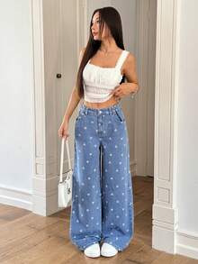 Rivivi Women's Pocket Button Bow Print Casual Versatile Daily Wear Wide Leg Jeans - Blue - View 8