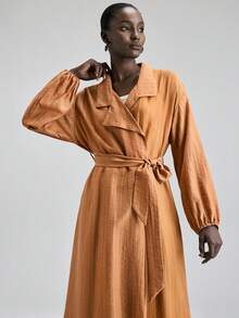 Ontre 女士休闲日常通勤简约纯色翻领落肩宽松灯笼袖系带长款轻薄外套，春秋季 - 亮橙色 - 查看 6