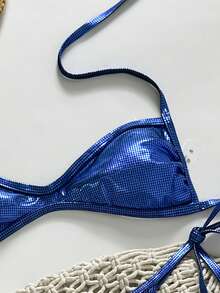 Swim SXY Set de 2 piezas Bikini con parte superior tipo halter y bandeau con textura metálica y Bottom con lazos laterales, conjunto de traje de baño sexy para mujer, primavera/verano - Azul - Ver 5