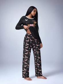 Shutterstock Y2Kool Women's Cute Cartoon Dog Print Long Sleeve Top And Pants Pajama Set, Spring/Autumn - Black - View 5