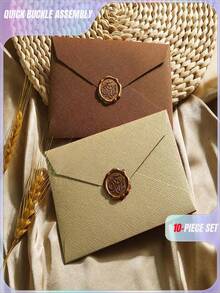 1 Set/10 Sets Deluxe Linen Envelope And Letter Set With Wax Seal - Perfect For DIY Gifts, Wedding Invitations And Office Use - Multicolor - View 1