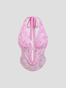 Sweetra 优雅亮片装饰露背吊带上衣和A字迷你裙套装，时尚夏季度假风女装 - 粉色 - 查看 6