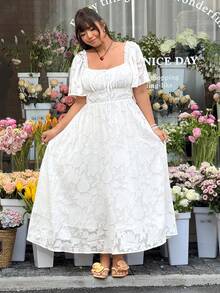 GalTyme 大码纯色方领系带优雅褶皱连衣裙 - 白色 - 查看 5