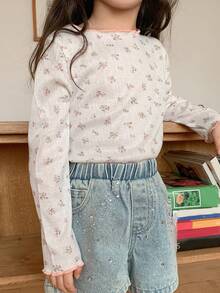 DAZY Young Girl Casual Ditsy Floral T-Shirt, Autumn/Spring - White - View 6