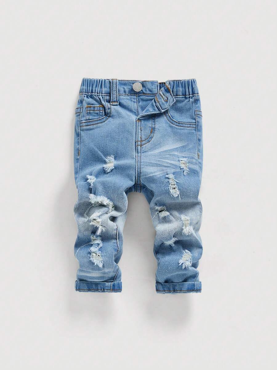 SHEIN Celana Jeans Slim Fit Bergaya untuk Bayi Laki-laki, Model Stonewashed, Sobek, Berumbai, Elastisitas Tinggi, Cocok untuk Pakaian Luar dan Sehari-hari Bayi di Musim Gugur/Musim Dingin - Light Wash - View 1