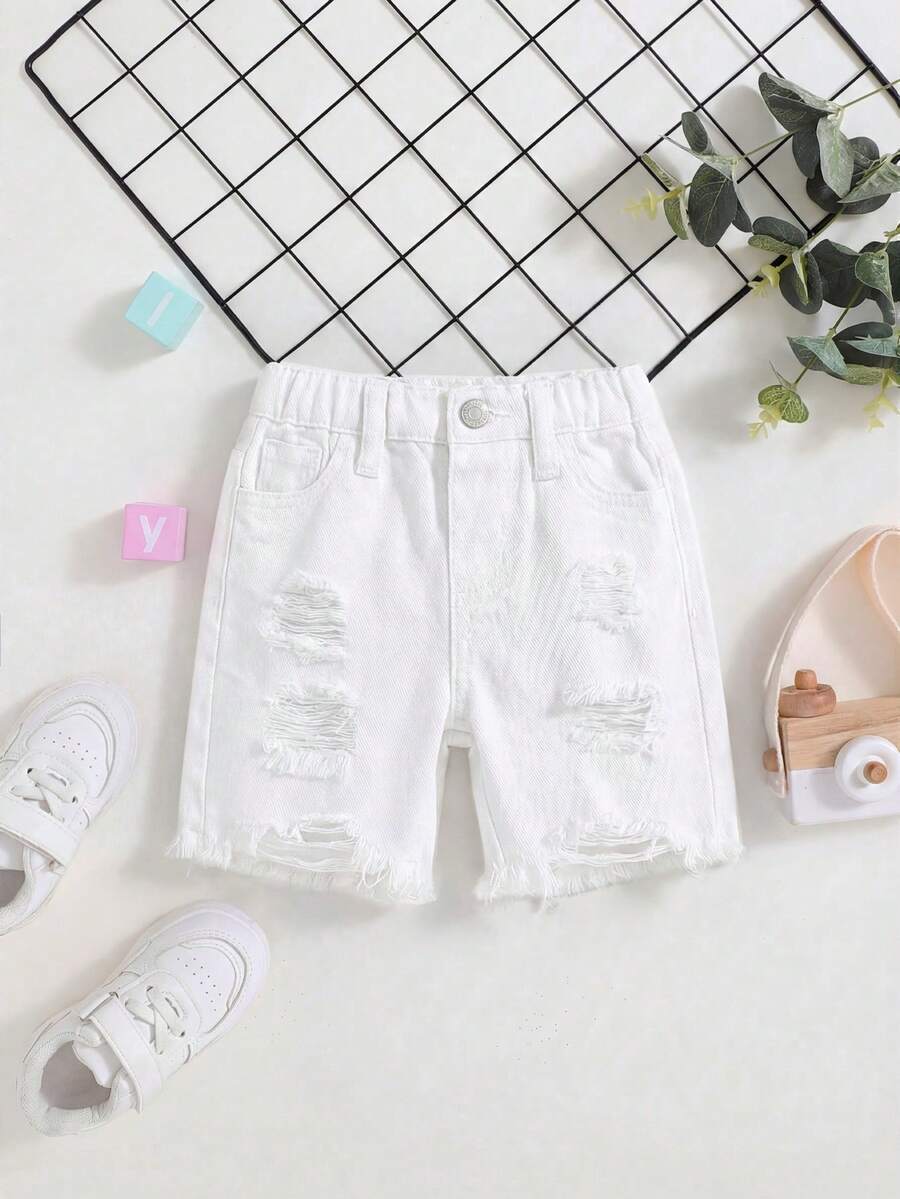 SHEIN Pantalones cortos vaqueros holgados con bolsillo con parche, estilo boho casual desgastado para bebé niño en primavera y verano, pantalones cortos vaqueros de verano para bebé niño - Blanco - Ver 1