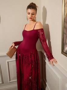 Modelyn Elegant Off-Shoulder Sequin Patchwork Long Sleeve Dress, Luxury Shiny Formal Party Gown For Women - Burgundy - View 10