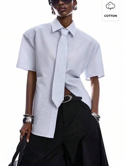 LYSMO Cămașă casual pentru femei cu dungi, mânecă scurtă, guler cu fundă și un singur rând de nasturi