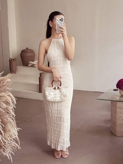 Andrea Bello 性感露背多层纹理紧身连衣裙，适合海滩/度假，白色，春夏