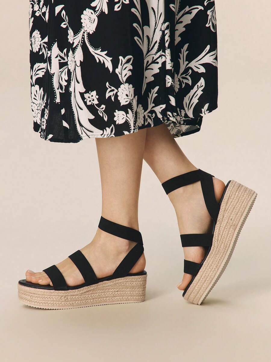 Styleloop Women's Woven Rope Platform Wedge Sandals, Vacation Style BOHO Chic Retro American Western Music Festival Party Outfit Holiday Travel Essential Boho Coachella - Black 2 - View 1