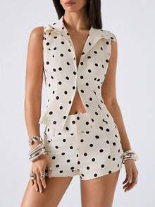 LYSMO Women's Polka Dot Zip-Up Sleeveless Top And Shorts Casual 2 Pieces Set - Beige - View 4