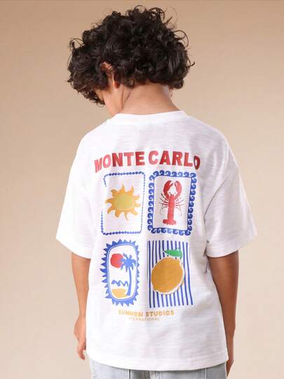 SUMWON Camiseta gráfica casual con mangas cortas y cuello redondo para niños, con temática de Monte Carlo y corte oversize