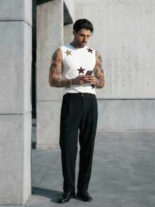 GENTILAND 男士圆领五角星图案休闲背心，夏季男士无袖上衣，男士肌肉T恤，无袖衬衫，印花无袖T恤，星星图案衬衫 - 白色 - 查看 7