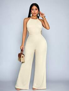 SOLERSUN 女士春夏纯色优雅度假风日常穿搭夏威夷休闲度假镂空腰部流苏露背吊带针织阔腿连体裤 - 杏色 - 查看 6