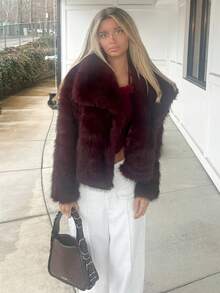 Sydney Algeri Women's Elegant Faux Fur Coat In Fall/Winter,New Year Clothes,Christmas Women's Clothing,Women's Winter Clothes,Women's Winter Coat,Winter Clothes For Women,Autumn Clothing For Women,Fall Outfits For Women,Autumn Clothes,Fall Clothes For Women,Casual,Business Commuting,Burgundy Coat,Ancora Red Faux Fur Coat,Wine Red Caot,Old Money Style,Simple Solid Color Coat - Burgundy - View 6