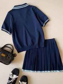 Muvela Spring/Summer New Contrast Trim Polo Collar Fitted Knit Top, Adjustable Elastic Waist Pleated Skirt, Versatile Y2K Office/Social Occasion Outfit - Navy Blue - View 3