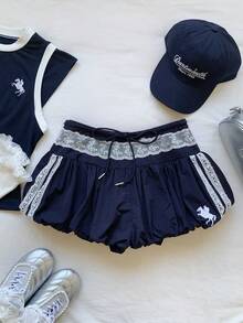 Comfortcana Hàng mới về mùa xuân/hè 2026, quần short nữ thời trang phối ren, kiểu dáng thập niên 2000, thích hợp mặc đi biển, đi nghỉ mát. - Màu xanh hải quân - Xem 3
