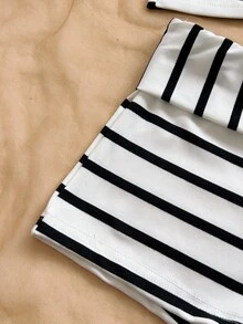 Soleia Women's Striped Halter Tie Top And Shorts Casual 2 Pieces Set - Black and White - View 5