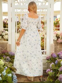 SHEIN 优雅孕妇碎花褶皱连衣裙 - 藍色 - 查看 2