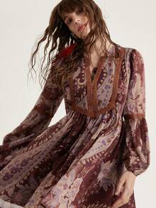 Frievida Bohemian Style Chiffon Loose Vacation Ruffled Patchwork Long Sleeve Dress - Multicolor - View 1