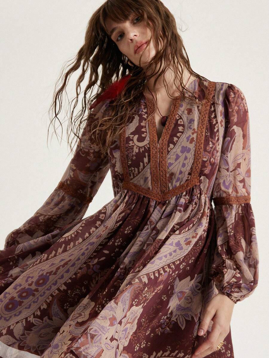 Frievida Bohemian Style Chiffon Loose Vacation Ruffled Patchwork Long Sleeve Dress - Multicolor - View 1