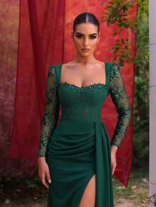 Glamrae Elegante abito lungo con maniche lunghe in pizzo nero e paillettes, con inserti trasparenti in vita, fatto a mano con paillettes, con spacco laterale a sirena, adatto per appuntamenti, lauree, matrimoni ed eventi formali - Verde Scuro - Visualizzare 3
