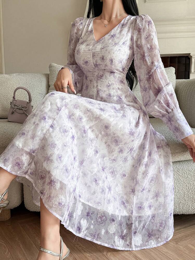Elegant French Style Purple Ditsy Floral Long Sleeve Dress For Petite Women Sundress Boho