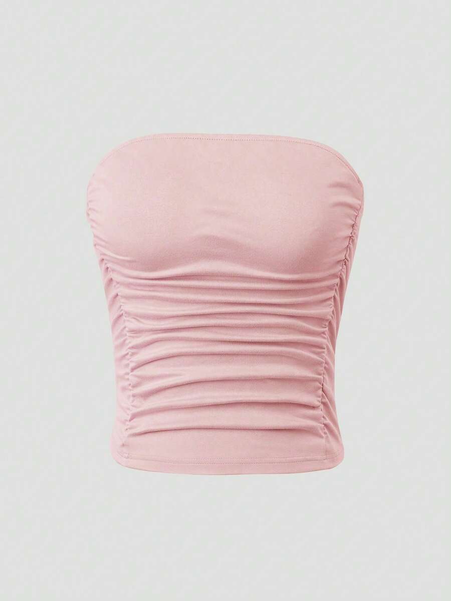 SHEIN Unity Women's Solid Color Pleated Fashionable Versatile Date Night Tube Top - Baby Pink - View 1