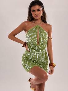 SHEIN BAE Váy ngắn đính sequin dành cho nữ - màu xanh lá - Xem 1