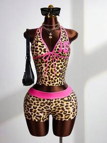 Zestiva 女士性感欧美音乐节派对大胆前卫夏季海滩度假数字豹纹撞色滚边挂脖式吊带泳衣 - 彩色 - 查看 1