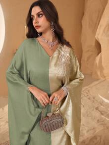 Al Najma Elegant Dubai/Turkish Style Batwing Sleeve Patchwork Jacquard Robe, Slimming - Green - View 5