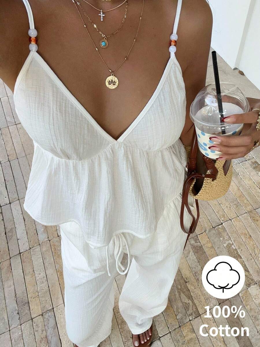 Sunnyshic 2pcs/Set Women's White Cotton Pleated Plaid V-Neck Backless Bow Decor Ruffle Hem Vest And High Waist Straight Leg Wide Leg Pants, Elegant Casual Beach Holiday Outfit, Spring/Summer - White - View 1