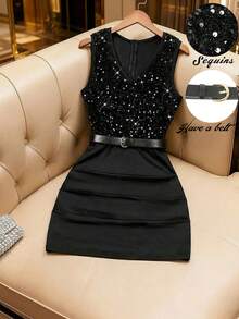 GlowEve Women's Elegant Sequin & Knitted Fabric Patchwork Ruched Bodycon V-Neck Dress, Slimming Fit,Going Out - Black - View 1