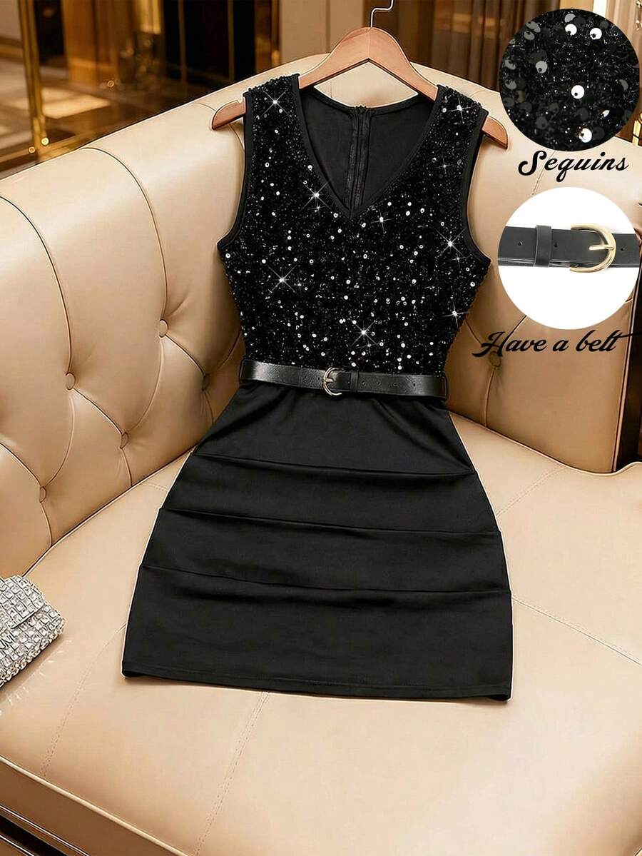 GlowEve Women's Elegant Sequin & Knitted Fabric Patchwork Ruched Bodycon V-Neck Dress, Slimming Fit,Going Out - Black - View 1
