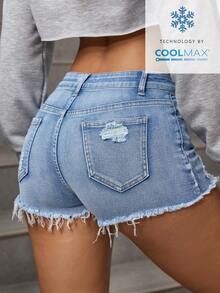 Rivivi Casual Light Blue Distressed Frayed Hem Fashion Denim Shorts, Summer Ripped Denim Shorts - Light Wash - View 2