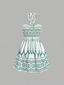 Sweetra 夏季休闲度假紧身露背系带镂空喇叭下摆蓝色印花迷你连衣裙（女款） - 青碧色 - 查看 2