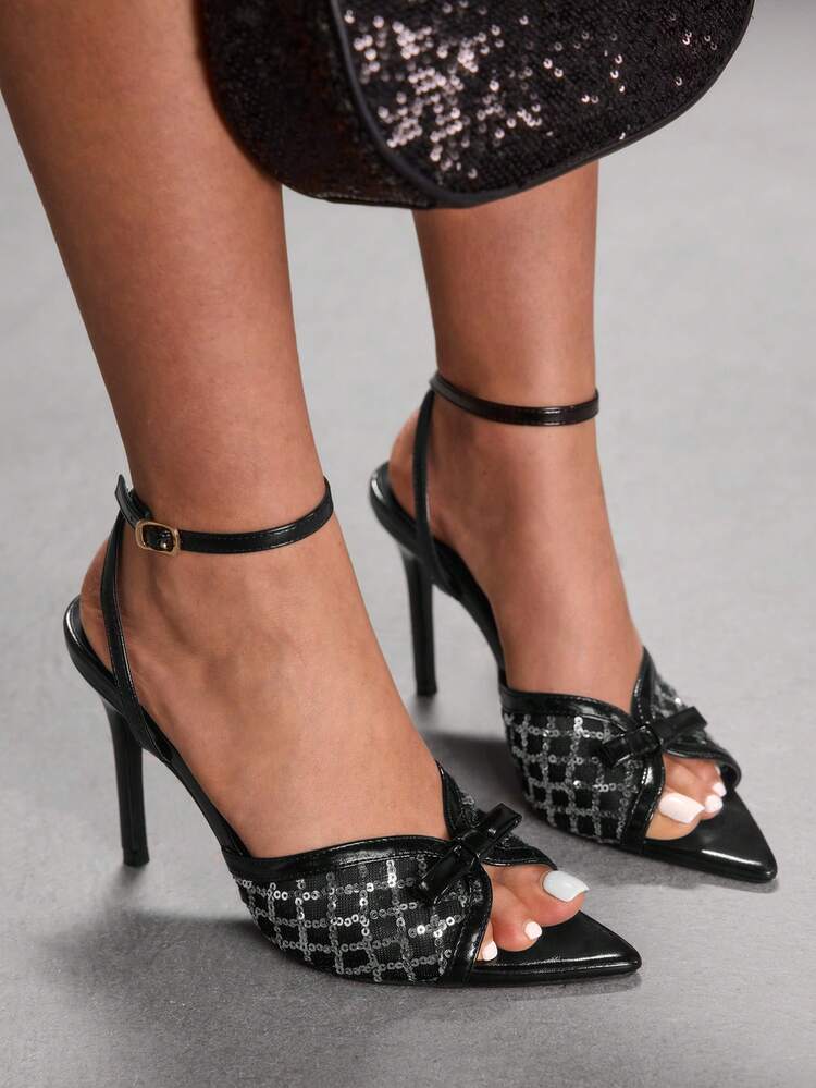 CUCCOO SZL Women's Pointed Toe Bowknot Sequin Decor Buckle Closure Elegant High Heel Sandals Valentine's Day